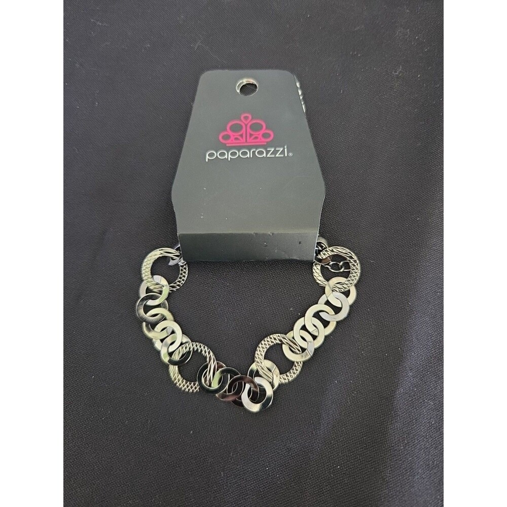 Paparazzi Gun Metal Gray & Silver Hoops Bracelet Adjustable 6" To 8"